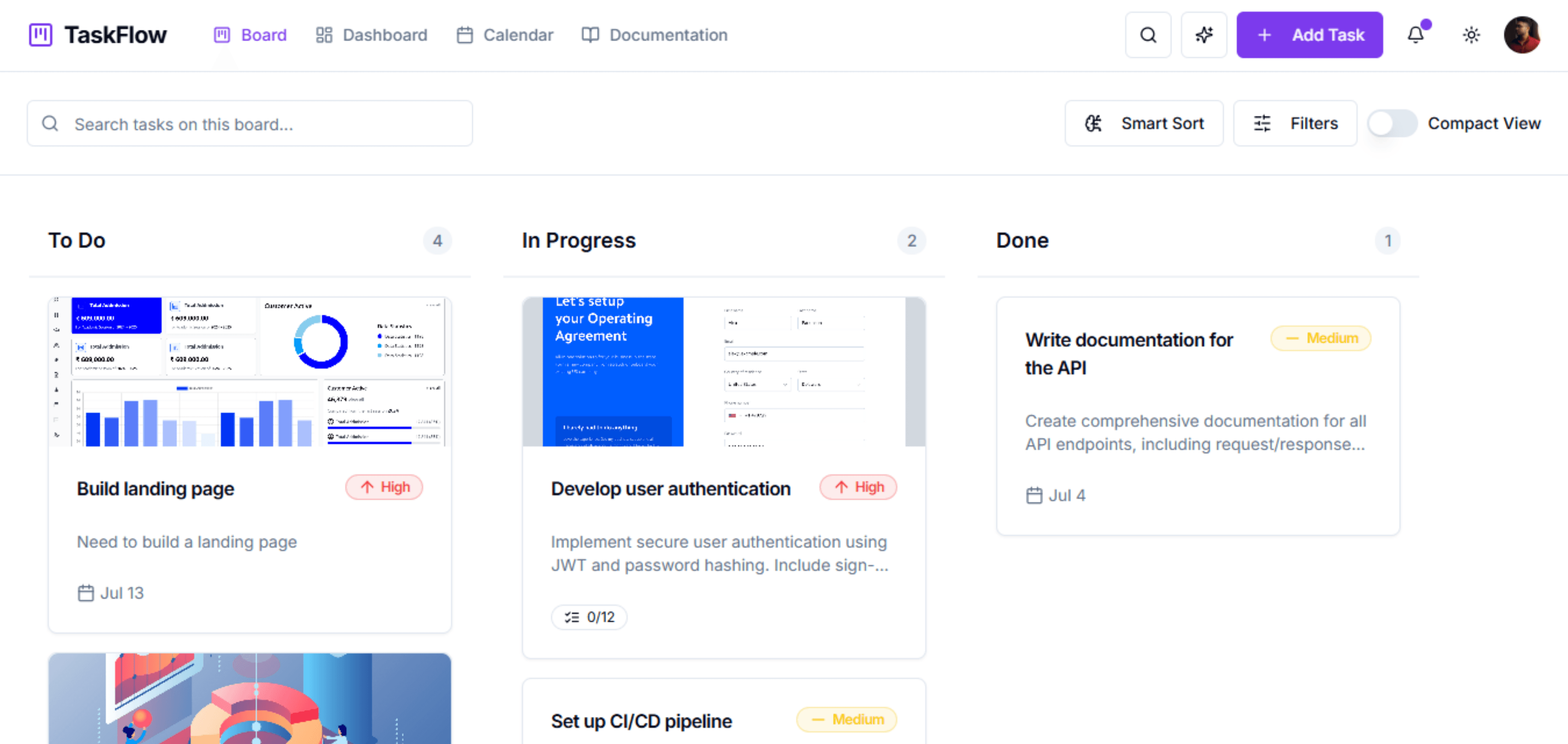 TaskFlow application interface showing a Kanban board with AI-generated tasks and images